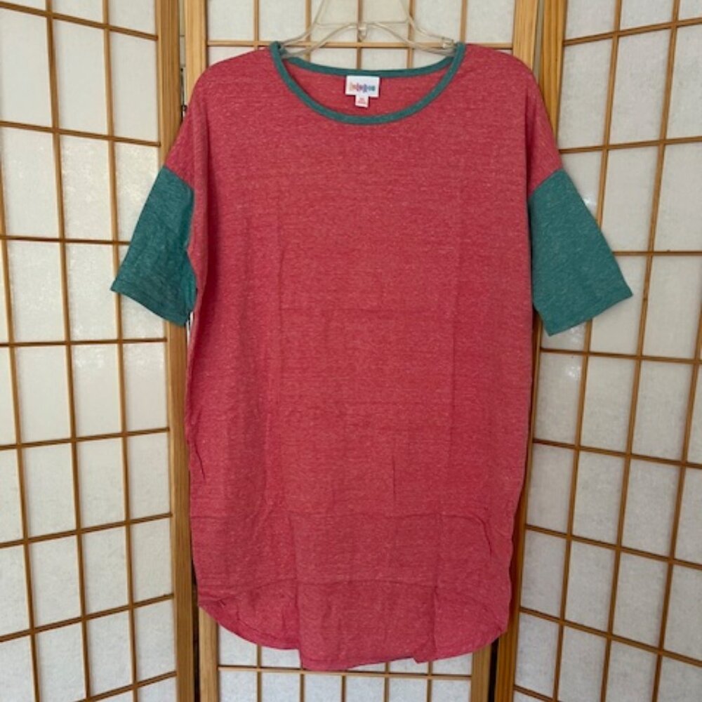 LuLaRoe Shirt. Irma.Salmon Pink and Green